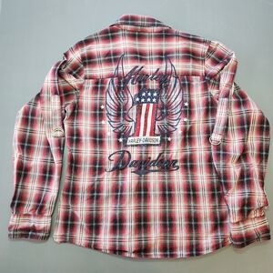 Harley Davidson Womens M Plaid Pearl Snap Embroidered Shirt Pockets Rhinestone